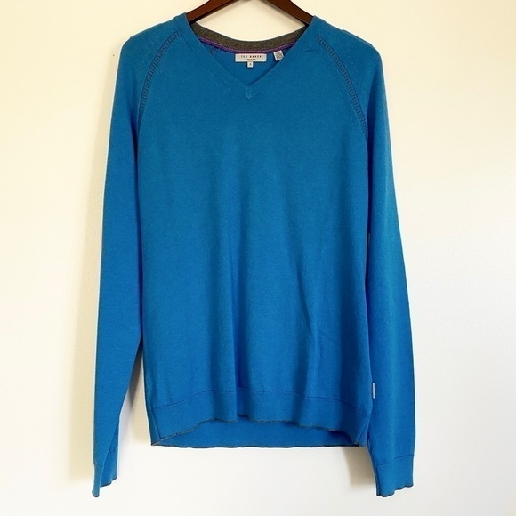 TED BAKER Men’s Trim Fit Cotton V-Neck Sweater Blue Large - Picture 1 of 10